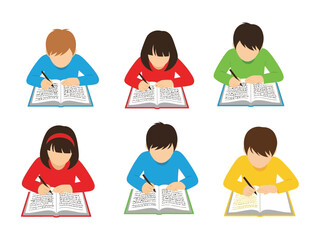 Education Focus: A collective image showcasing students intently focused on their studies, each engrossed in the art of writing, captured with vibrant and uniform aesthetic.