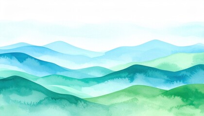 Watercolor Painting of Rolling Hills, Blue and Green Tones