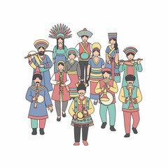Diverse Group of Musicians in Traditional Clothing Playing Instruments.