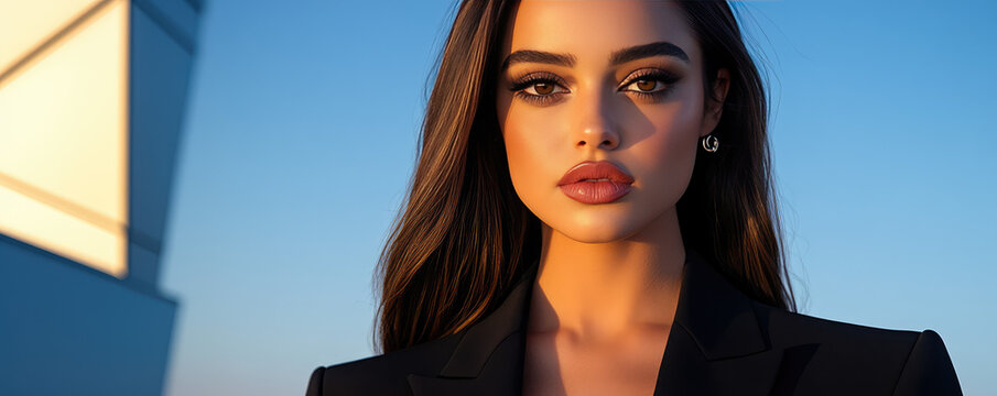 Young woman with long hair and a serious expression stands outdoors, wearing a dark blazer. Business, portrait, fashion