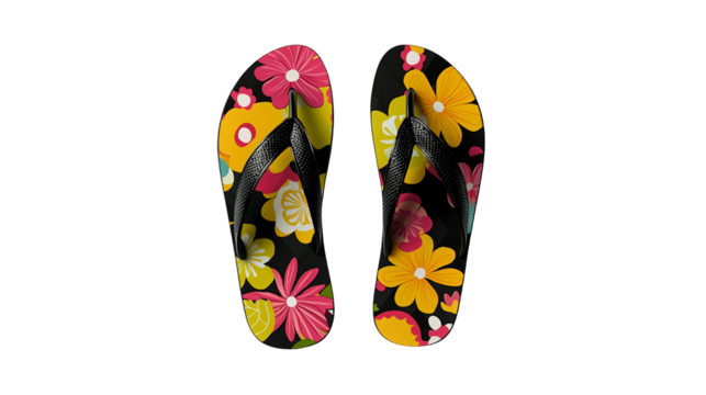 PNG sandals with a floral design and colorful flowers on black background on a transparent background