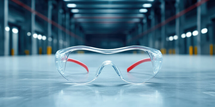 Safety goggles with red arms are placed on a smooth floor in an industrial setting. Protective eyewear and industrial safety concept