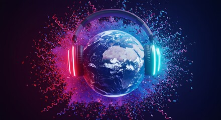 Obraz premium Earth Wearing Headphones Global Music Celebration with Confetti and Neon Lights Art, Technology