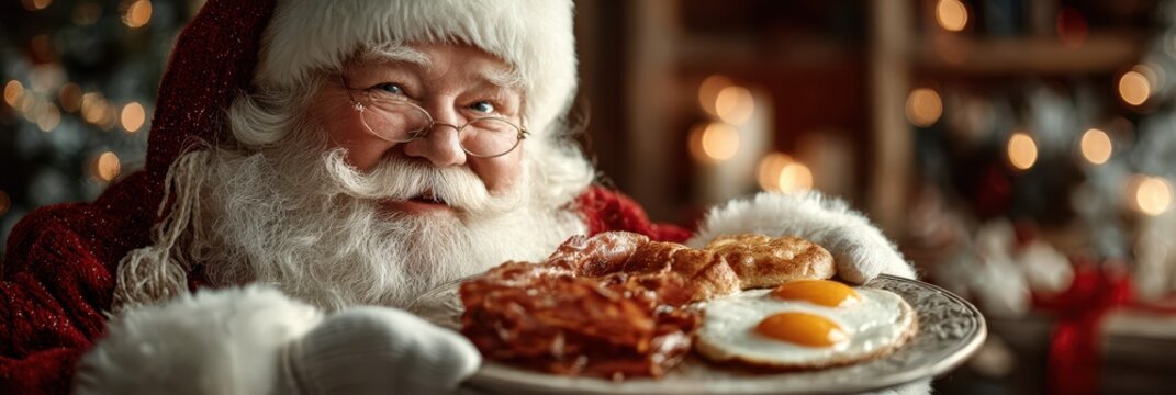 Santa serves delicious breakfast at a cozy Christmas gathering in a festive setting during the holiday season