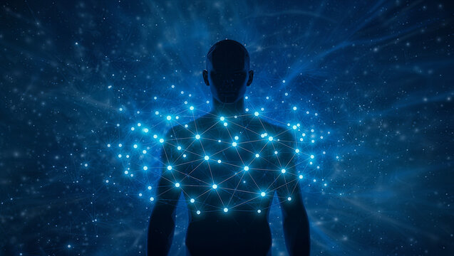 Sleek visual of human-AI synergy, featuring floating data and glowing networks against a future backdrop - AI concept