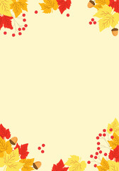 Autumn background with colorful leaves, berries, and acorns on a light frame. Perfect for seasonal cards, invitations, and fall designs.