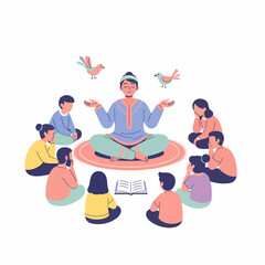 Serene Male Teacher in Lotus Pose Guiding Attentive Childrens Story Time.
