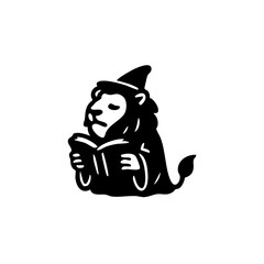Black and white illustration of a lion wearing a wizard's hat, holding a book