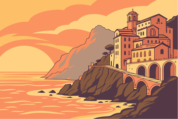 Golden sunset over the Amalfi Coast in Italy, waves glistening against pastel cliffside villages