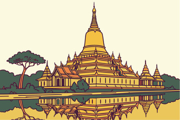 Obraz premium Golden temples of Thailand reflecting in still evening waters