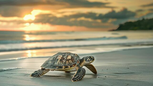A turtle walks on a beach during a beautiful sunset