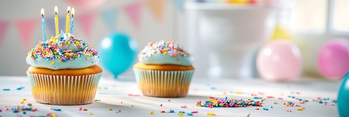 Festive cupcakes with blue frosting and sprinkles, celebrating a special occasion with candles lit.