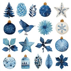 Beautiful hand-painted blue winter decorations displayed artistically on a white background inviting festive cheer