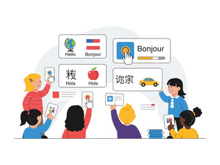 Interactive Language Learning: Young learners engage in a vibrant session of interactive language acquisition, each absorbed in their individual tablet screens, studying a variety of languages. © mahmuda428