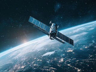 Sleek High-Tech Artificial Satellite Orbiting Earth Amid Twinkling Stars