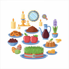 Colorful Illustration of Traditional Persian Nowruz Haft-Seen Table Elements.