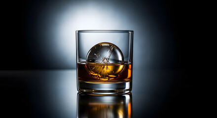 Whiskey with ice ball in a crystal glass on a dark surface illuminated by a spot light, An inviting close-up shot of whiskey on the rocks, emphasizing its rich color and clear ice sphere