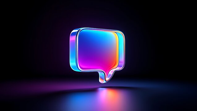 A glowing iridescent glass speech bubble with vibrant rainbow colors and a soft ethereal glow against a dark background symbolizing communication and ideas