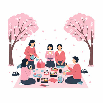 Vector illustration of a Japanese family and friends having a hanami picnic under sakura trees.