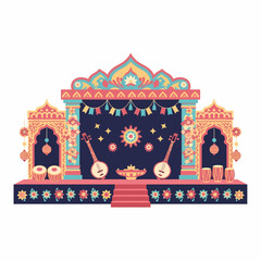 Vibrantly decorated Indian festival stage with ornate architecture and traditional instruments.