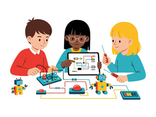 Creative Robotics and Coding: A group of diverse children are collaboratively engaged in a creative robotics and coding project.