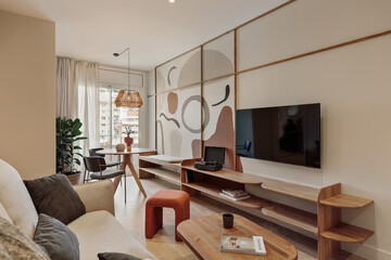 Modern luxury apartment interior in minimal scandinavian style, 3d rendering
