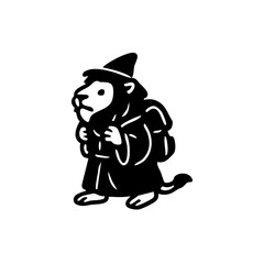 A stylized black and white illustration of a lion wearing a wizard's hat and carrying a backpack