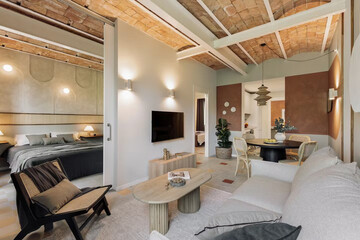 Modern luxury apartment interior in minimal scandinavian style, 3d rendering
