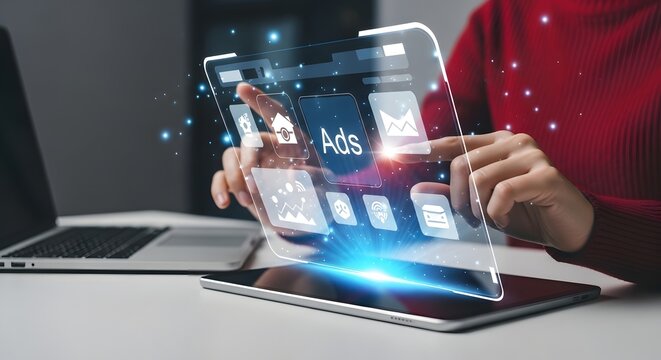 Person interacting with futuristic holographic display showing financial data and apps