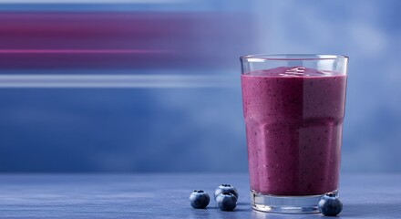 A delicious and healthy purple smoothie made with blueberry and acai in a tall glass. Fresh berries sit on a blue table against a modern, dynamic motion blur background.