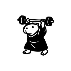 Black and white illustration of a small animal, possibly a capybara or similar rodent, wearing a robe and lifting a barbell