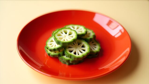 Freshly cut bamia slices neatly stacked on a vibrant red ceramic plate, against a rustic kitchen backdrop