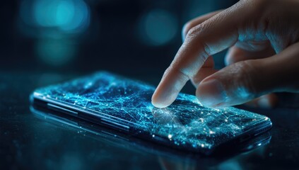 Finger touches futuristic phone screen