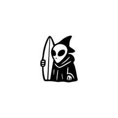 An alien in a dark robe holds a surfboard