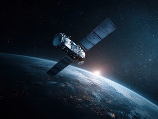 Sleek High-Tech Artificial Satellite Orbiting Earth Amid Twinkling Stars