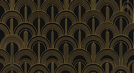 Art Deco Inspired Seamless Pattern with Gold Arches and Vertical Lines on a Black Background, Elegant Repeating Art Deco Motif with Golden Curves and Straight Lines for Backgrounds
