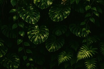 Lush emerald tropical foliage with monstera patterns and natural light filtering
