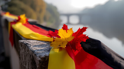 Woolen scarf in national colors draped over a stone bridge, autumn leaves caught in its folds.