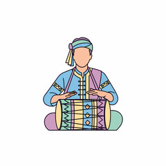 Seated musician in colorful traditional clothing and turban playing a decorated dholak drum.