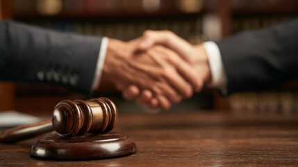 Two legal professionals shake hands to commemorate a successful negotiation in a law office setting. The gavel is prominently displayed, symbolizing the legal context of the agreement