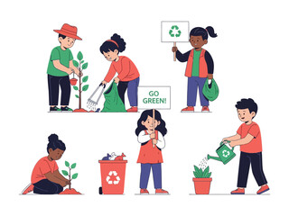 Eco-Warrior: Children actively participating in environmental conservation, planting trees, recycling, and promoting sustainability. A call to action for the next generation. 