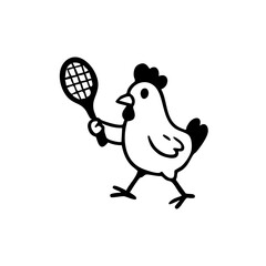 Black and white cartoon chicken holding a tennis racket