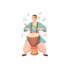 Cartoon Illustration of a Person Playing a Djembe Drum with Drumsticks.