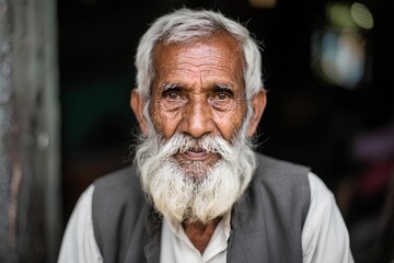 Elderly Indian man with long beard and traditional headband, mature and venerable, peaceful and solemn expression, spiritual guru portrait, close-up, wisdom and culture