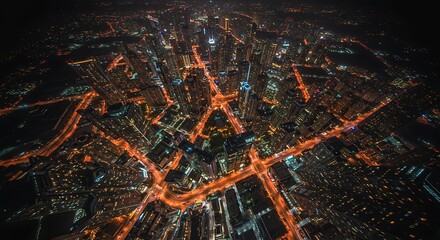 Aerial Nighttime Cityscape with Glowing Streets - Urban for Presentation