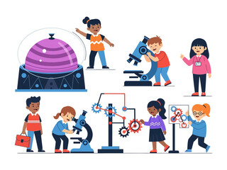 Little Explorers: Children discover the marvels of science in a vibrant and dynamic illustration, exploring innovation through a futuristic lens.