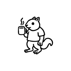 Simple black line drawing of a squirrel holding a steaming mug