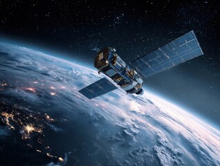 Sleek High-Tech Artificial Satellite Orbiting Earth Amid Twinkling Stars