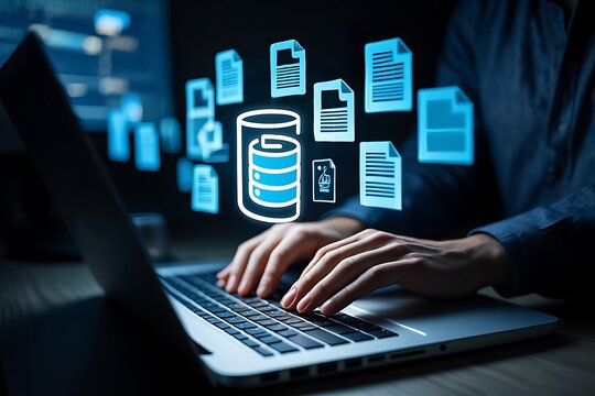 Hands typing on a laptop with a glowing digital interface displaying data storage and document icons representing cloud computing and information management
