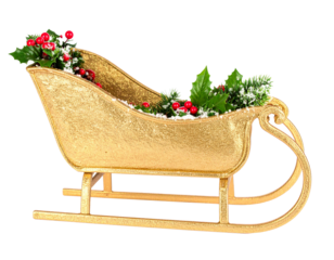 A - Luxury Golden Sleigh Decorated with Ornaments and Sparkling Snow, Side View, Isolated PNG.